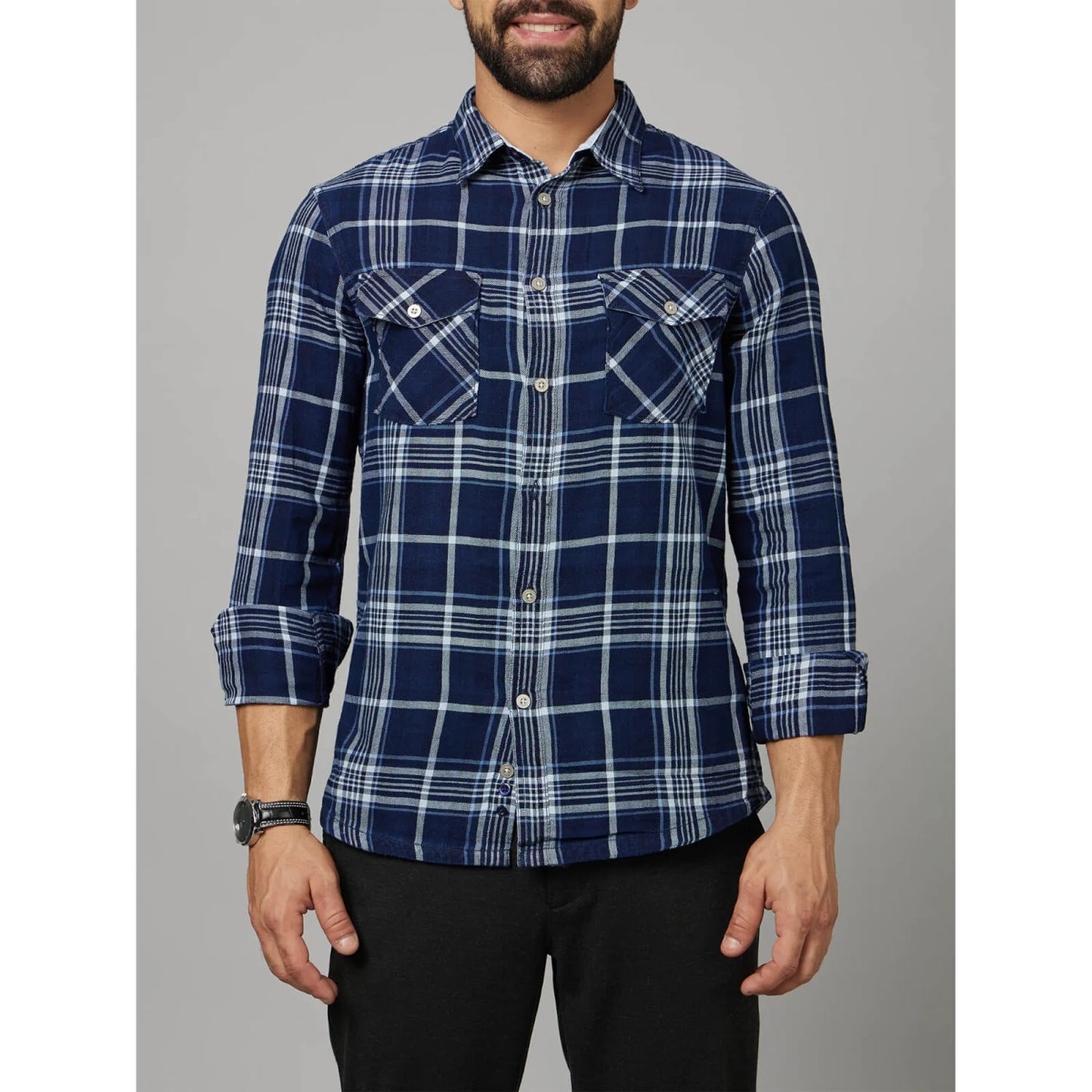 Navy Blue Checks Cotton Shirt