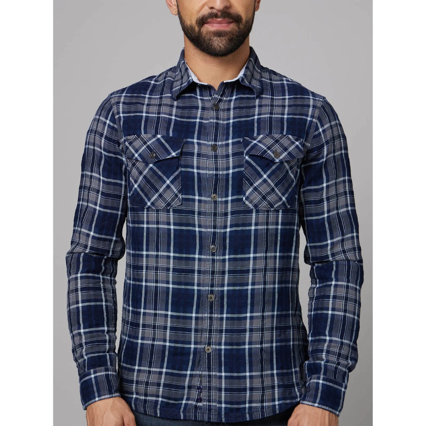 Navy Blue Checks Cotton Shirt