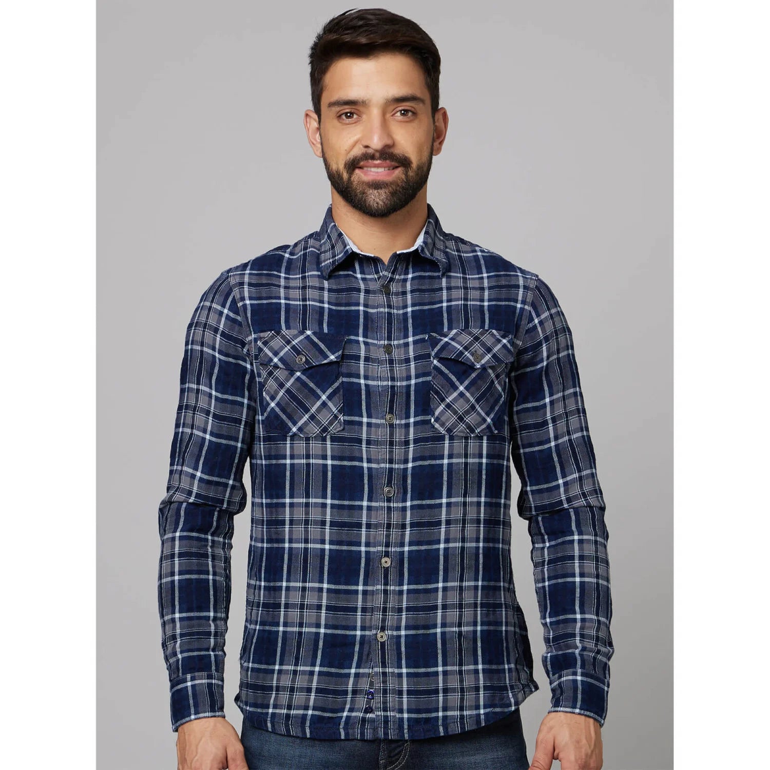 Navy Blue Checks Cotton Shirt