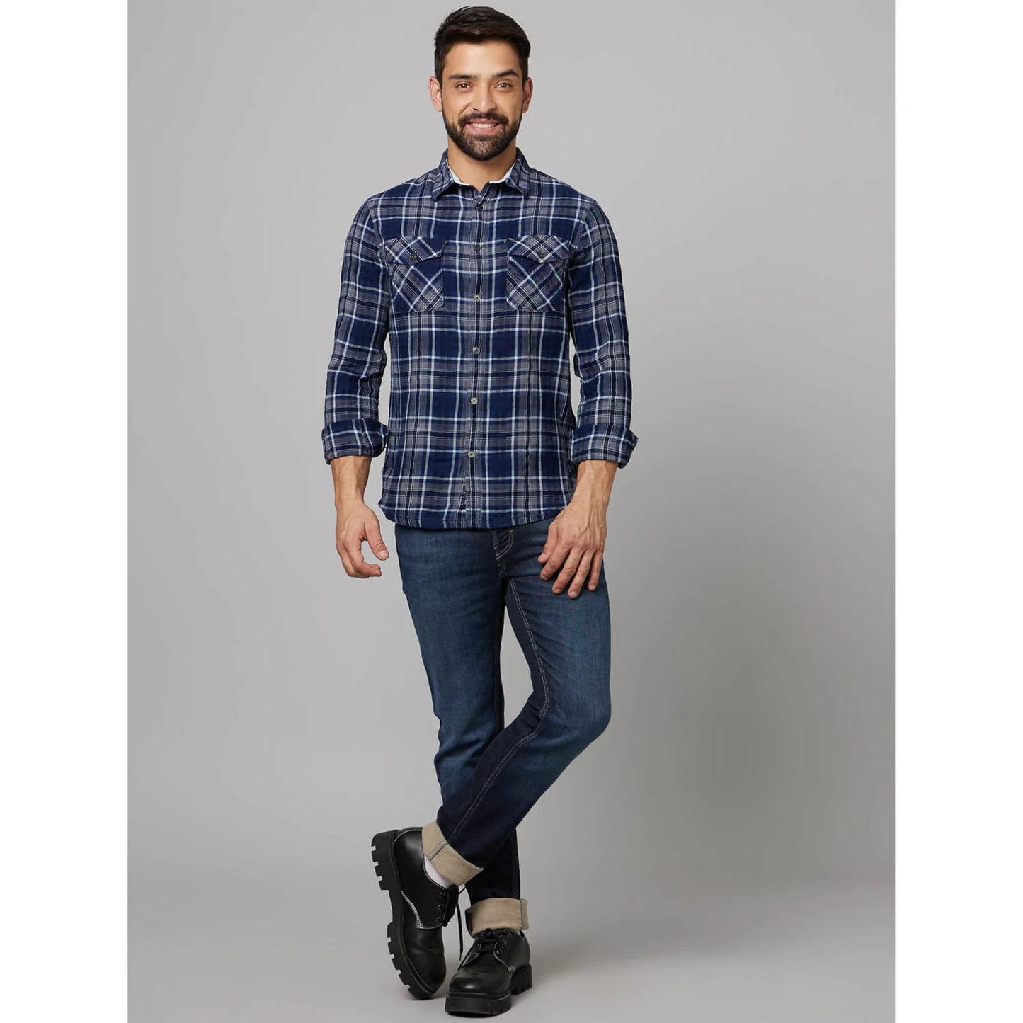 Navy Blue Checks Cotton Shirt