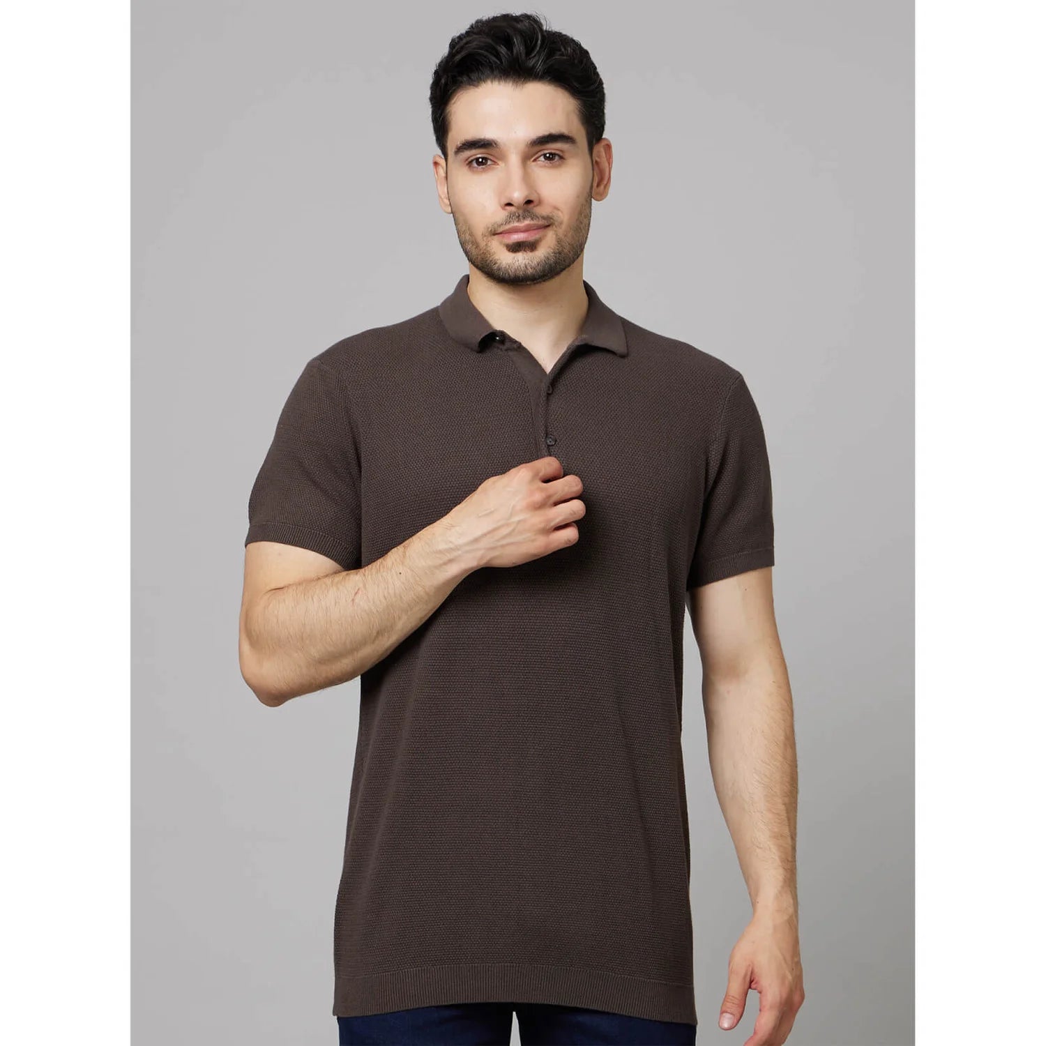 Brown Solid Cotton Polo