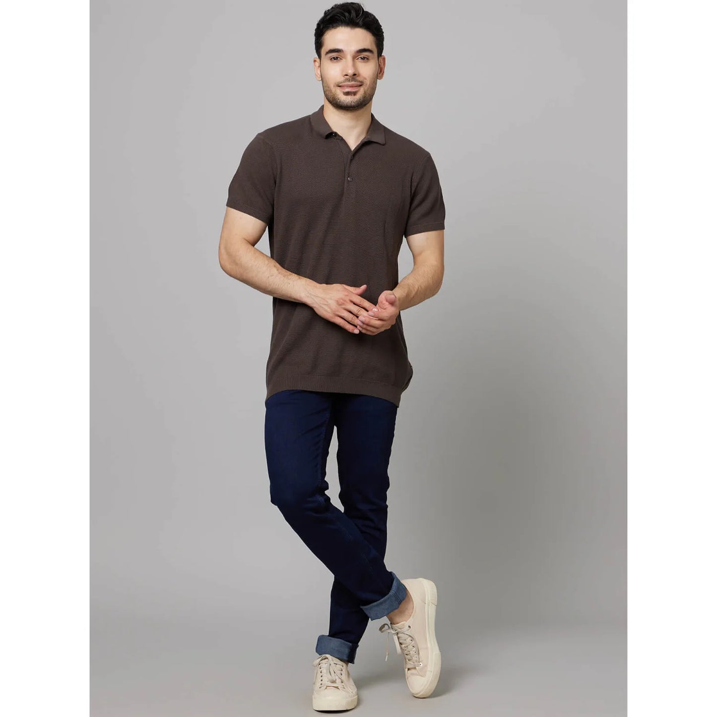 Brown Solid Cotton Polo