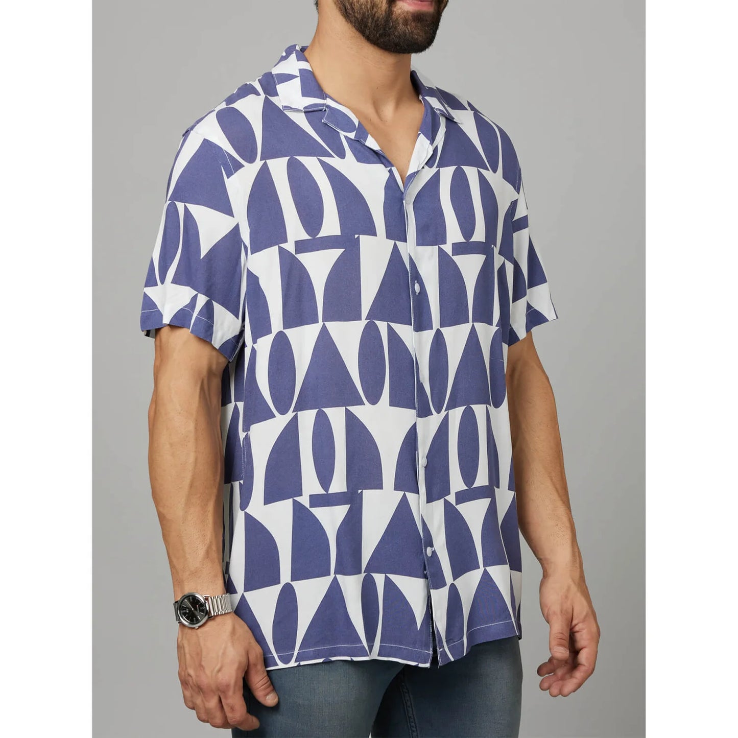 Navy Blue Geometric Printed Viscose Shirt