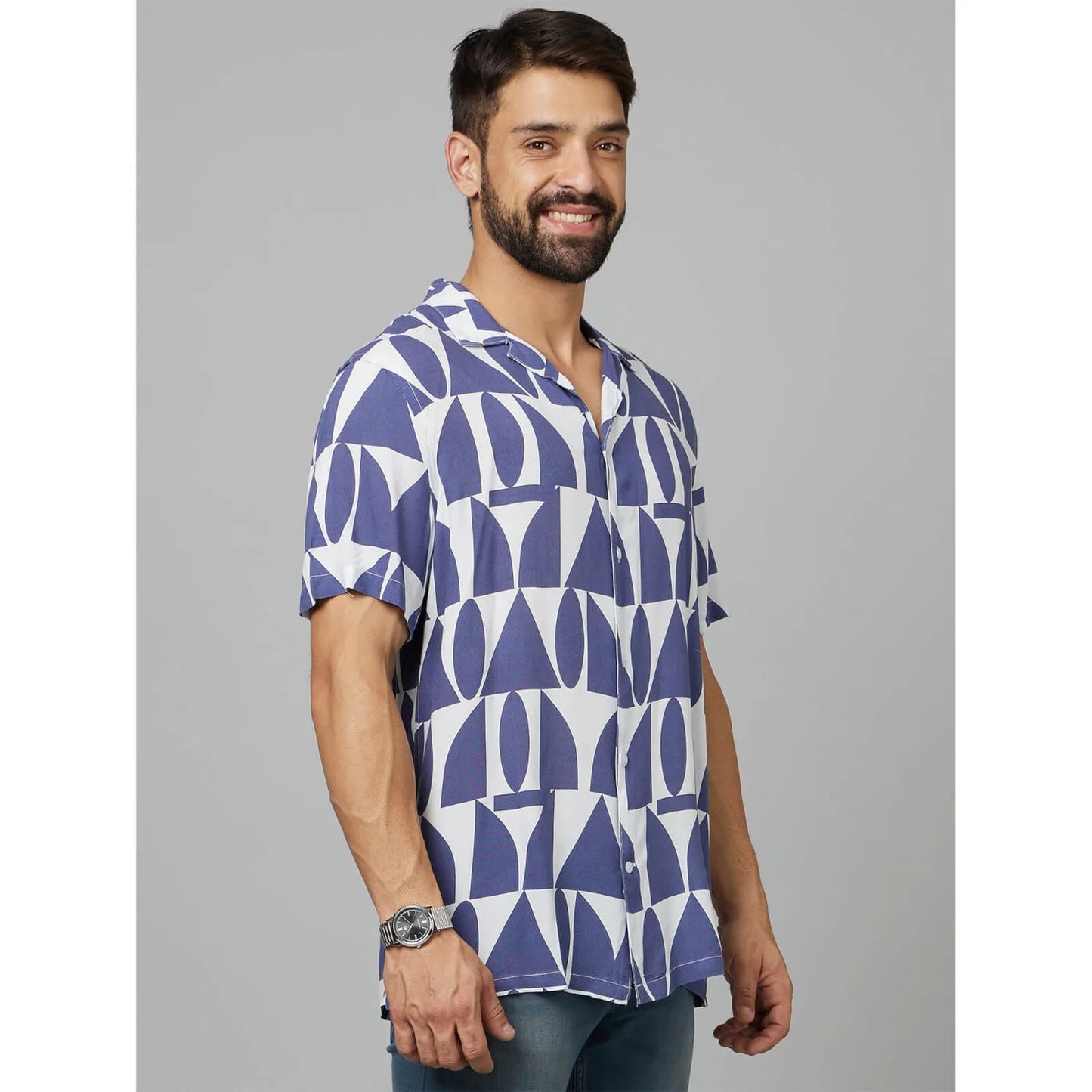 Navy Blue Geometric Printed Viscose Shirt