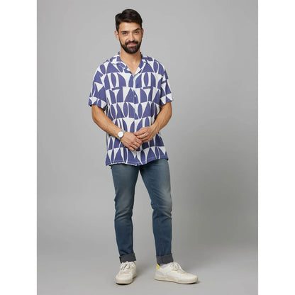 Navy Blue Geometric Printed Viscose Shirt