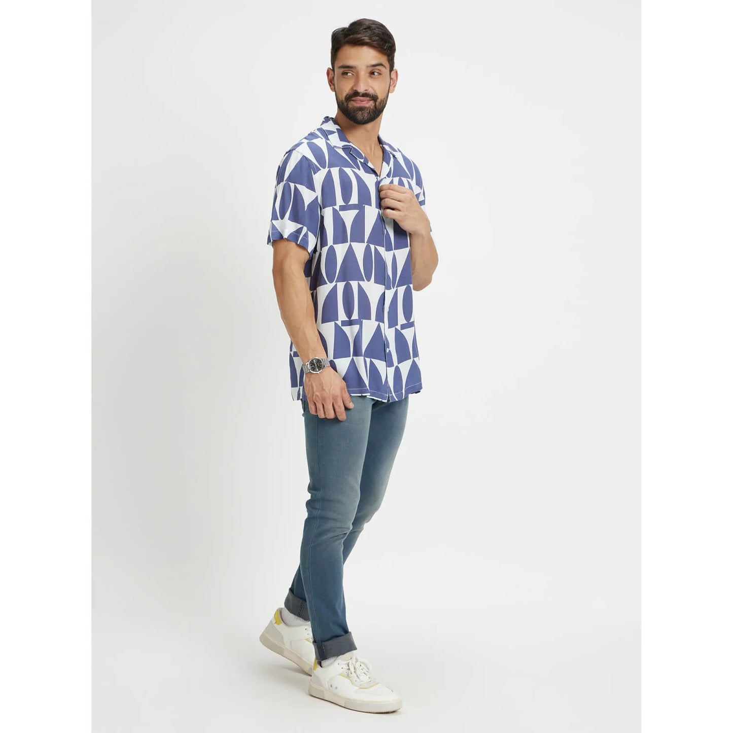 Navy Blue Geometric Printed Viscose Shirt