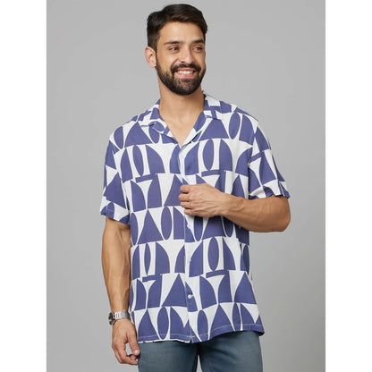 Navy Blue Geometric Printed Viscose Shirt