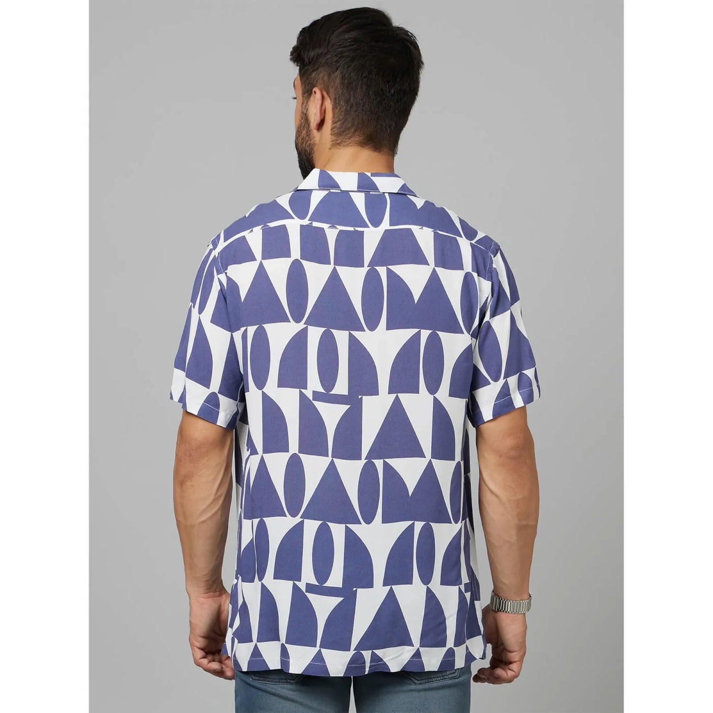 Navy Blue Geometric Printed Viscose Shirt