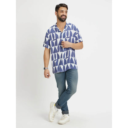 Navy Blue Geometric Printed Viscose Shirt