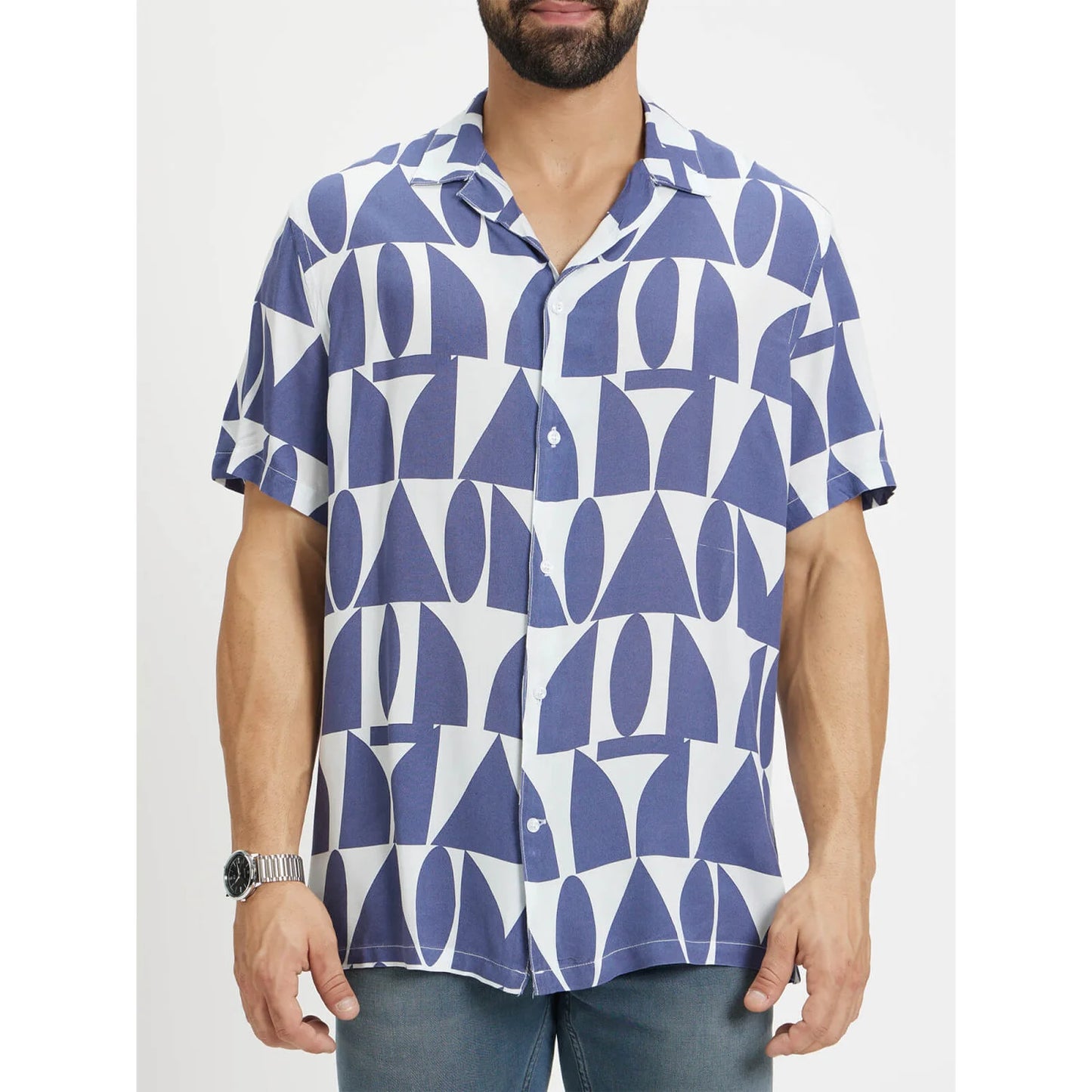 Navy Blue Geometric Printed Viscose Shirt