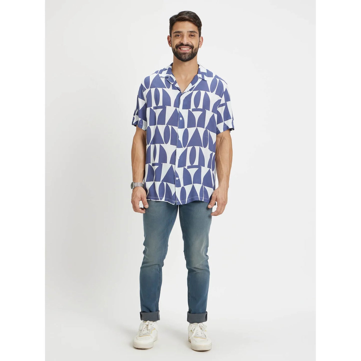 Navy Blue Geometric Printed Viscose Shirt