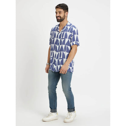 Navy Blue Geometric Printed Viscose Shirt