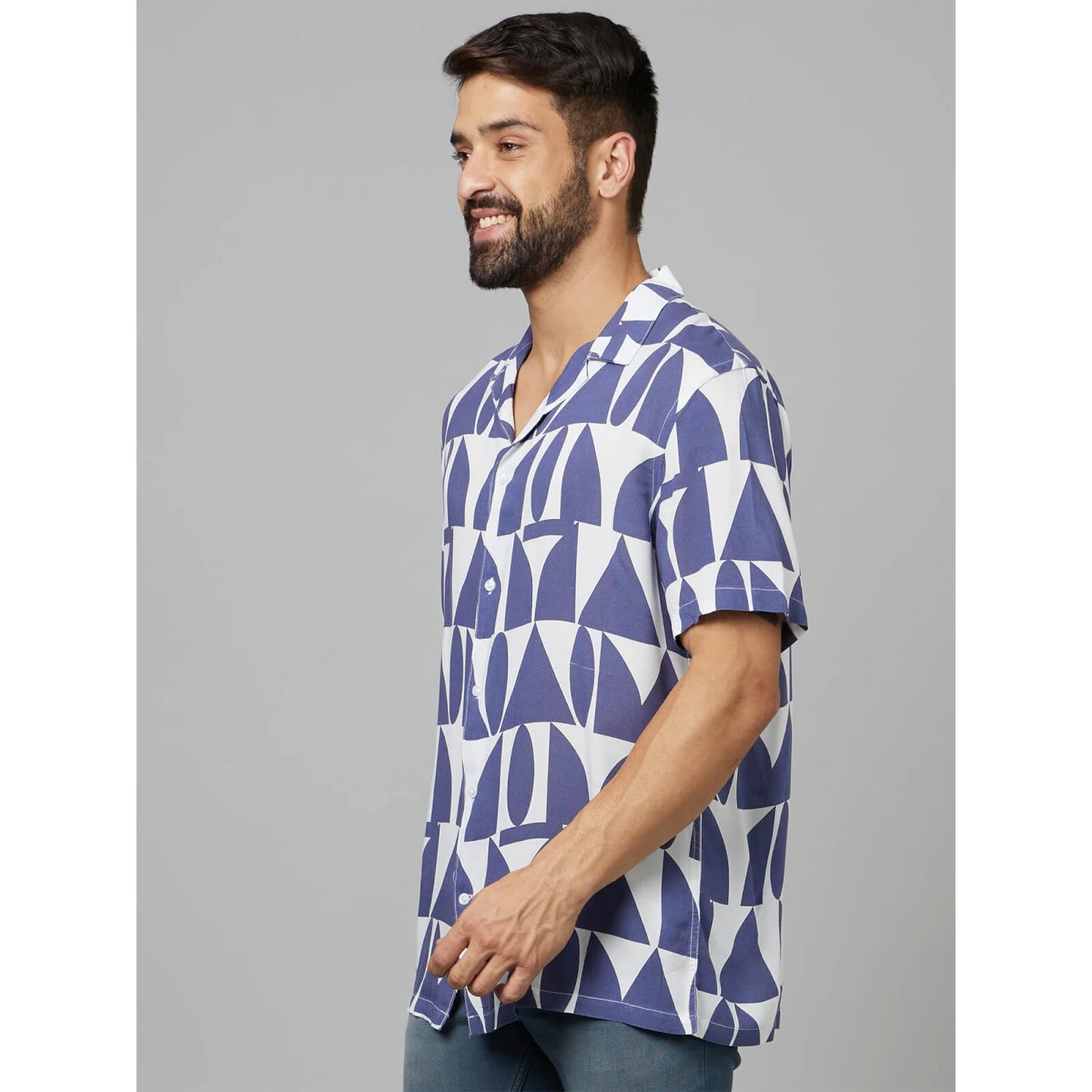 Navy Blue Geometric Printed Viscose Shirt