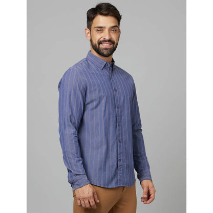 Blue Striped Cotton-Linen-Blend Shirt