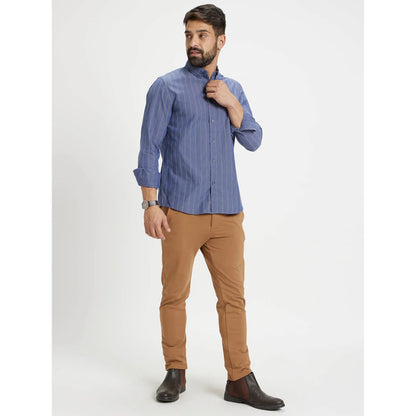 Blue Striped Cotton-Linen-Blend Shirt