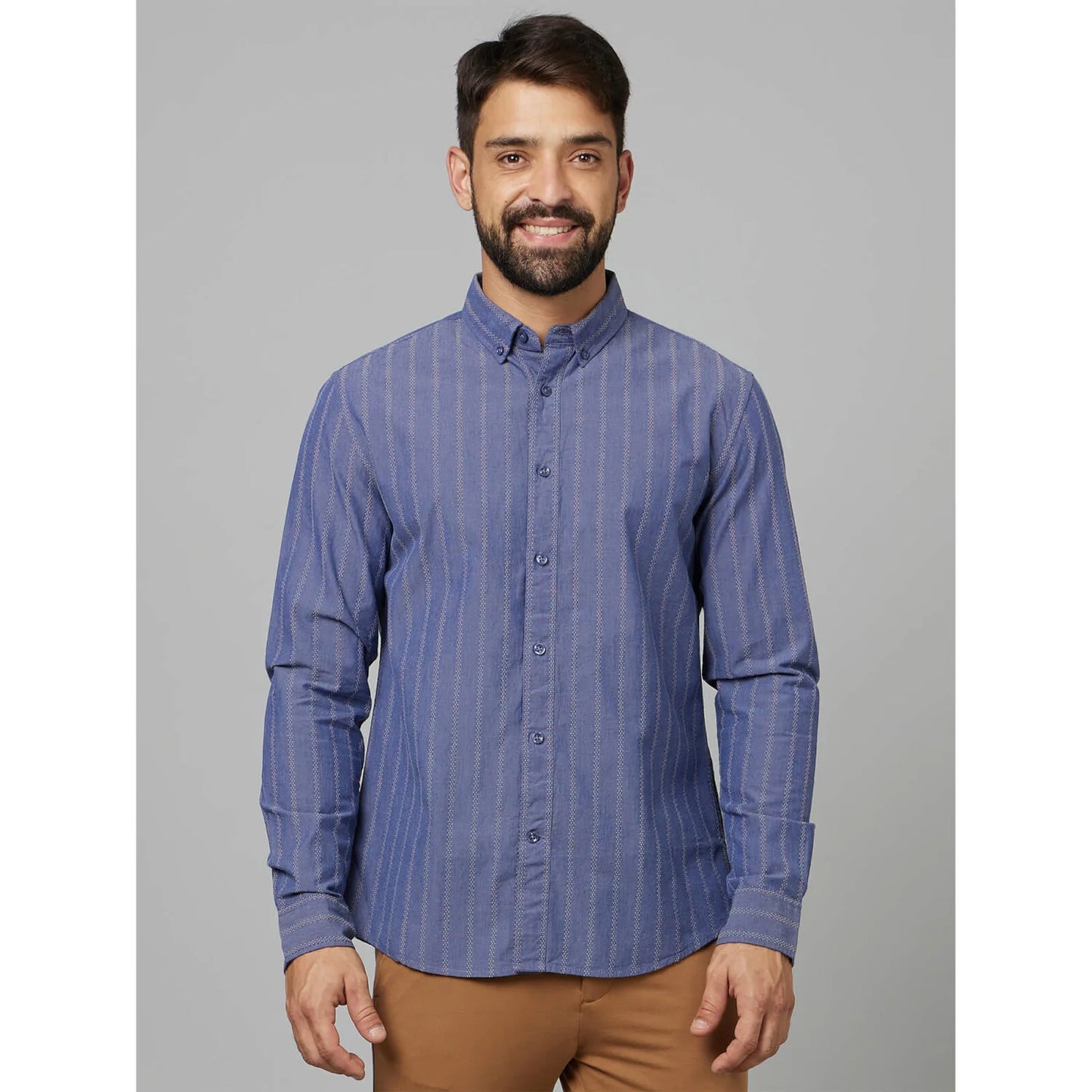 Blue Striped Cotton-Linen-Blend Shirt