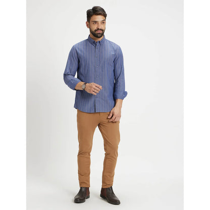 Blue Striped Cotton-Linen-Blend Shirt