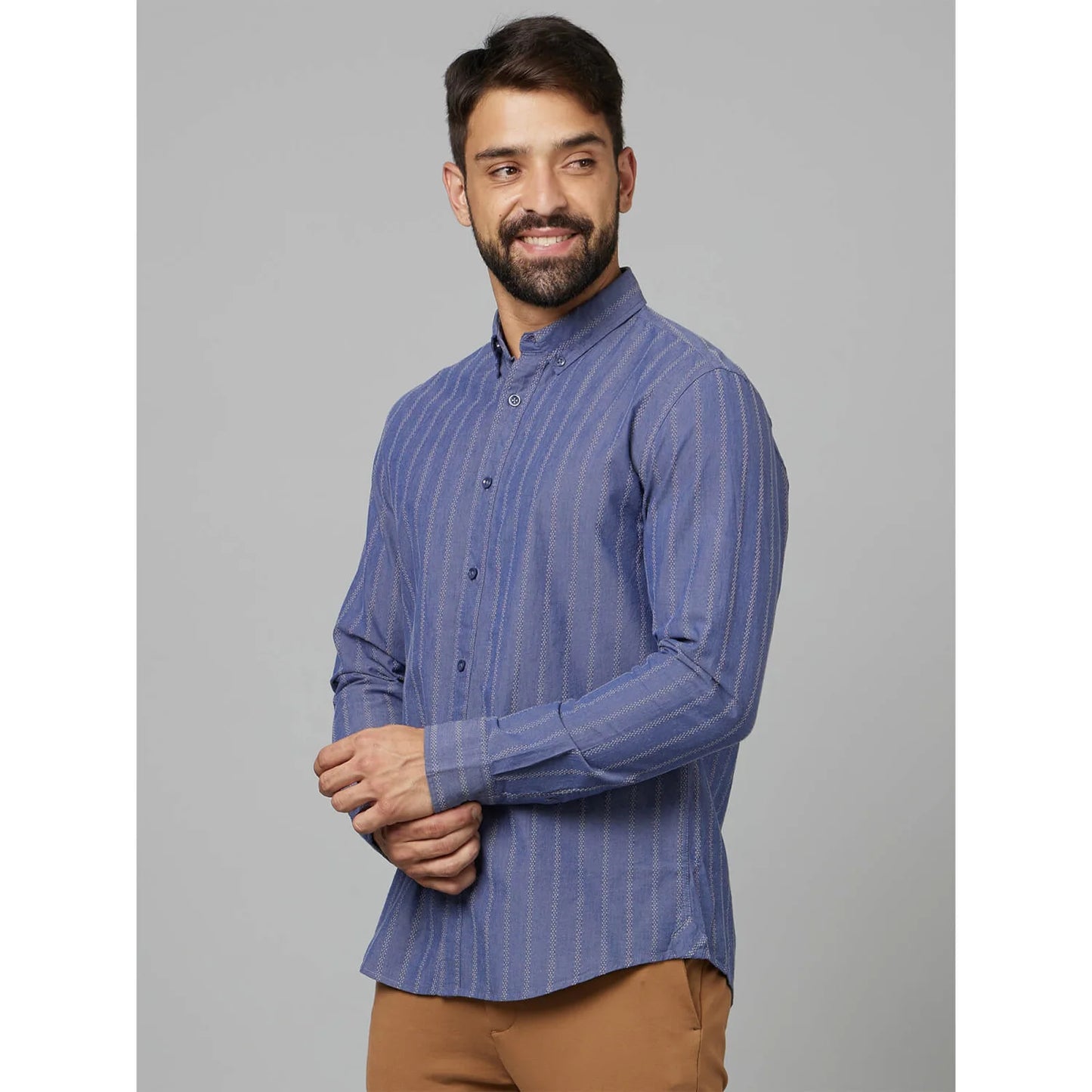 Blue Striped Cotton-Linen-Blend Shirt