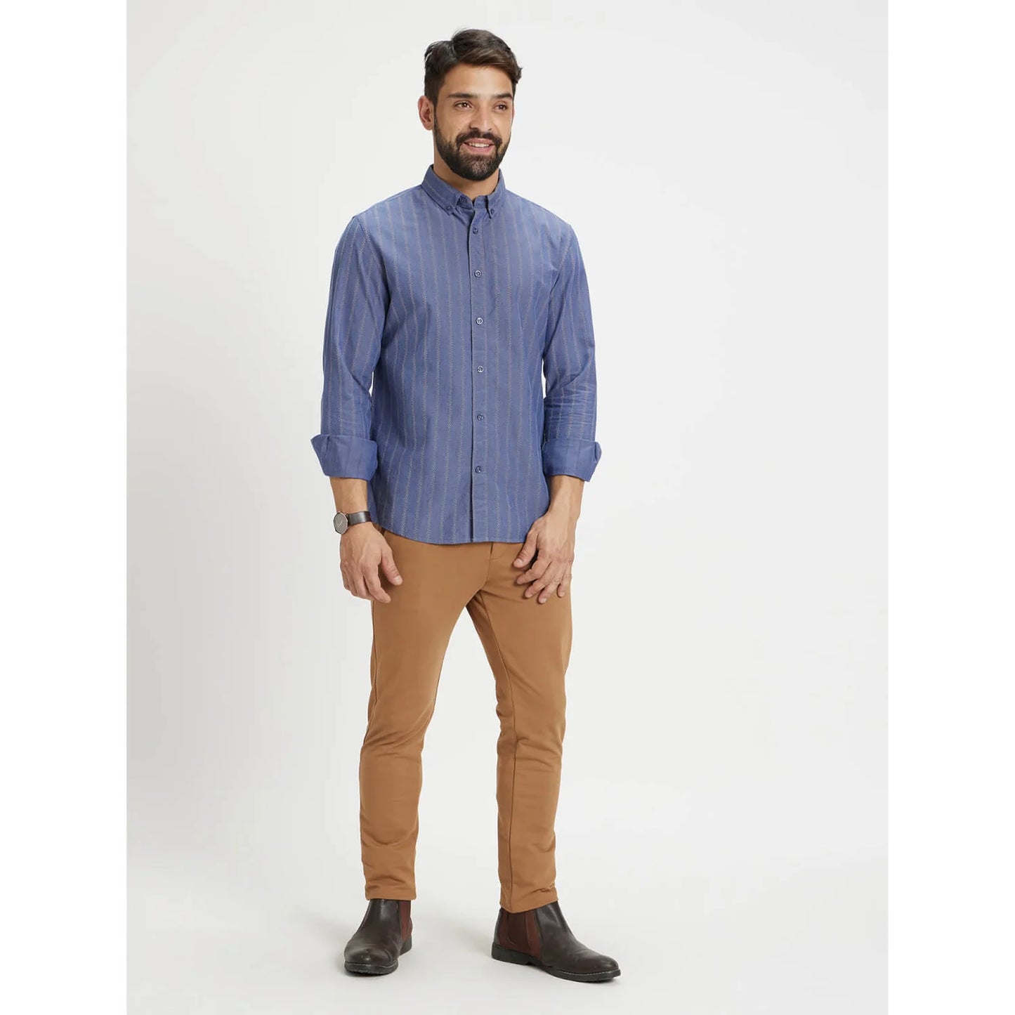 Blue Striped Cotton-Linen-Blend Shirt