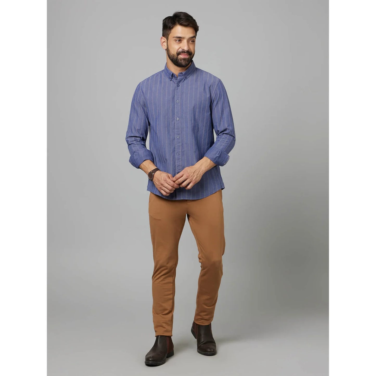 Blue Striped Cotton-Linen-Blend Shirt