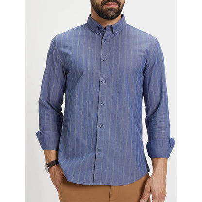 Blue Striped Cotton-Linen-Blend Shirt