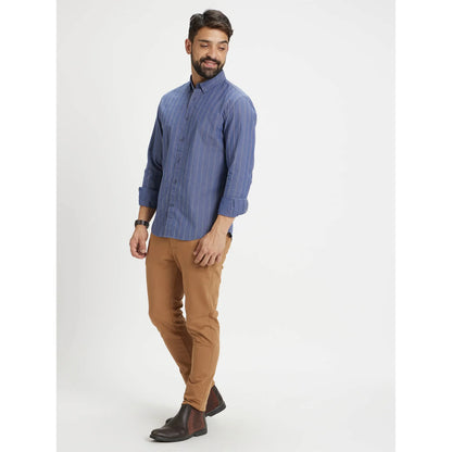 Blue Striped Cotton-Linen-Blend Shirt