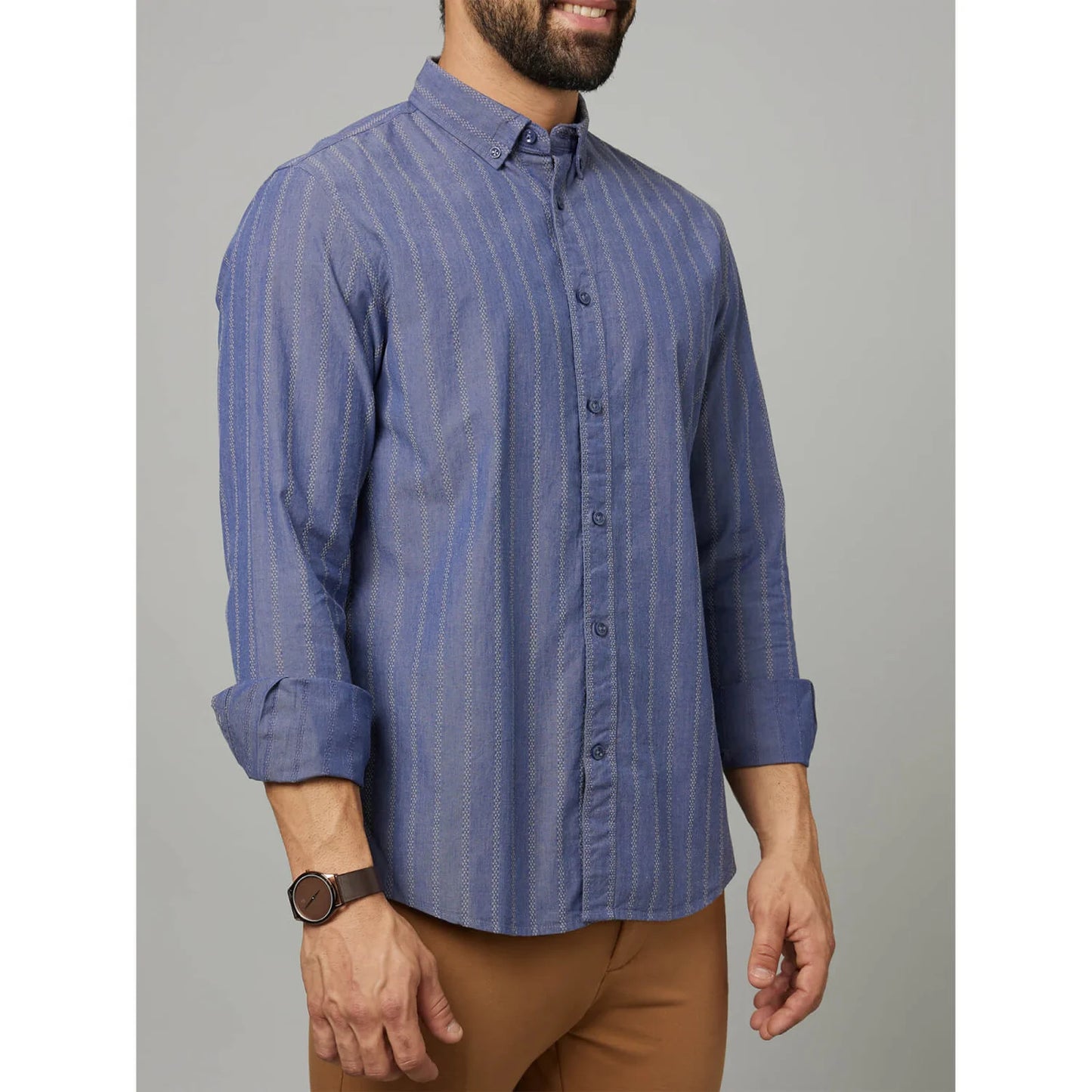 Blue Striped Cotton-Linen-Blend Shirt