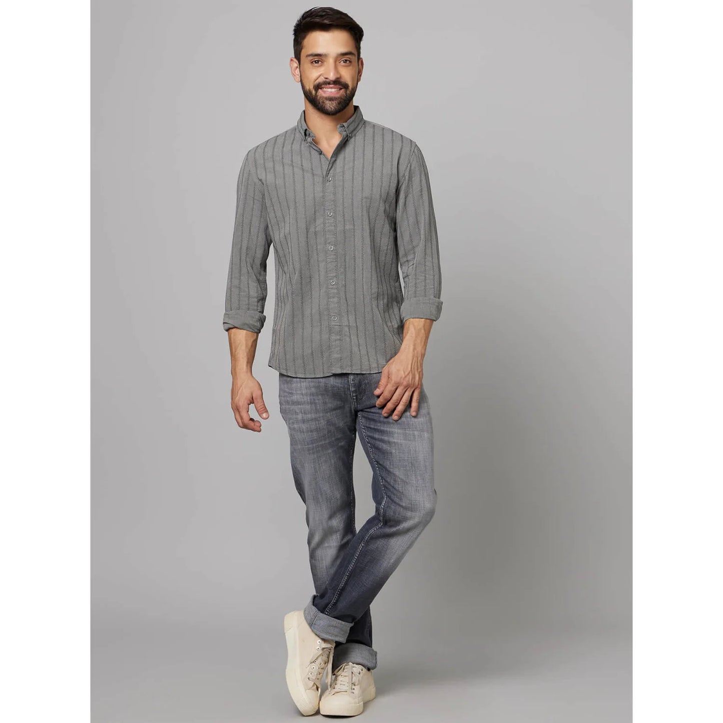 Grey Striped Cotton-Linen-Blend Shirt