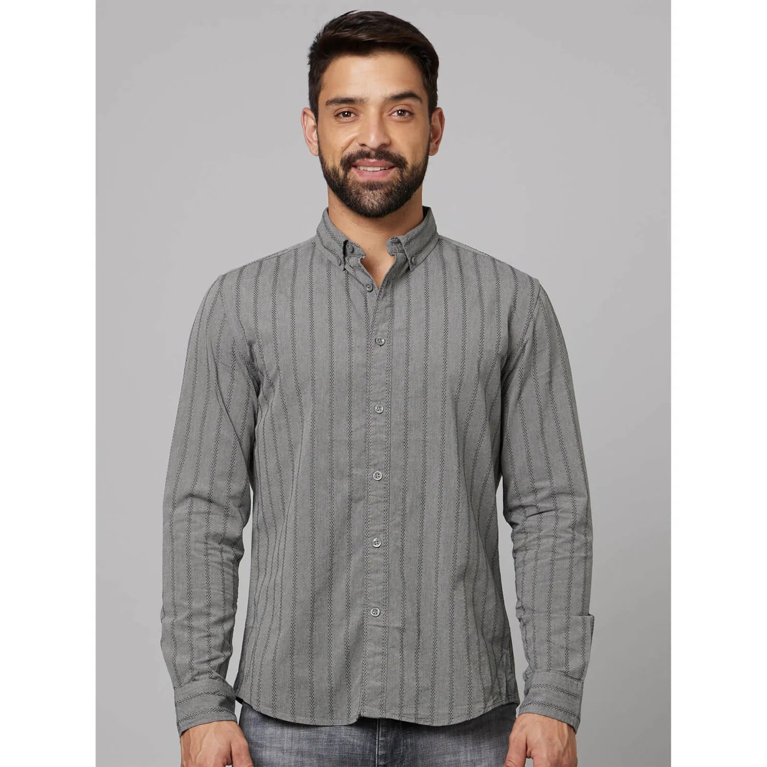 Grey Striped Cotton-Linen-Blend Shirt