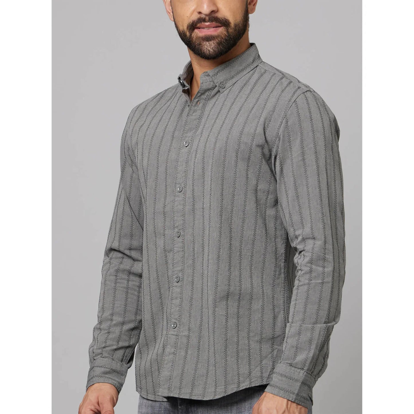 Grey Striped Cotton-Linen-Blend Shirt