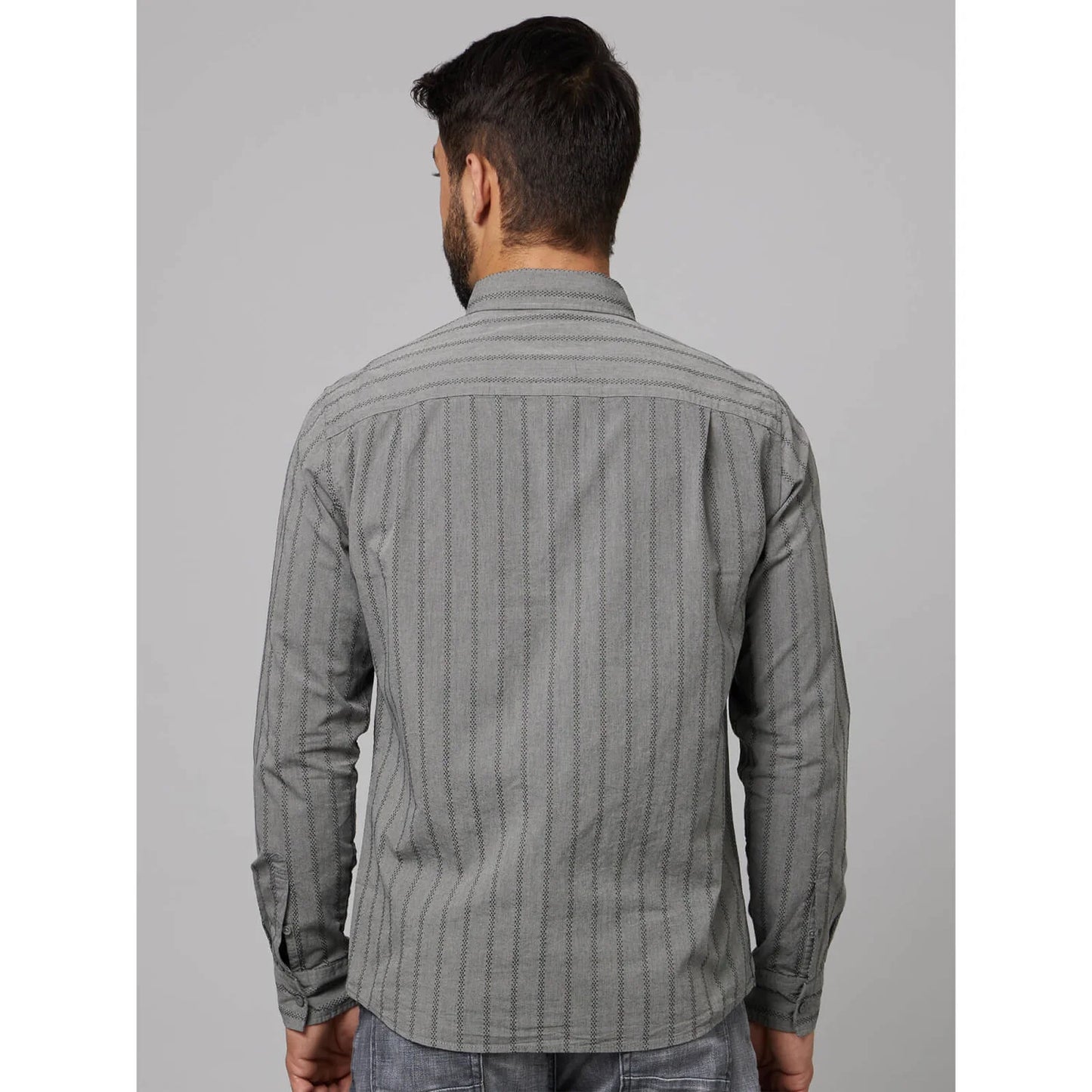 Grey Striped Cotton-Linen-Blend Shirt