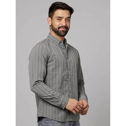 Grey Striped Cotton-Linen-Blend Shirt