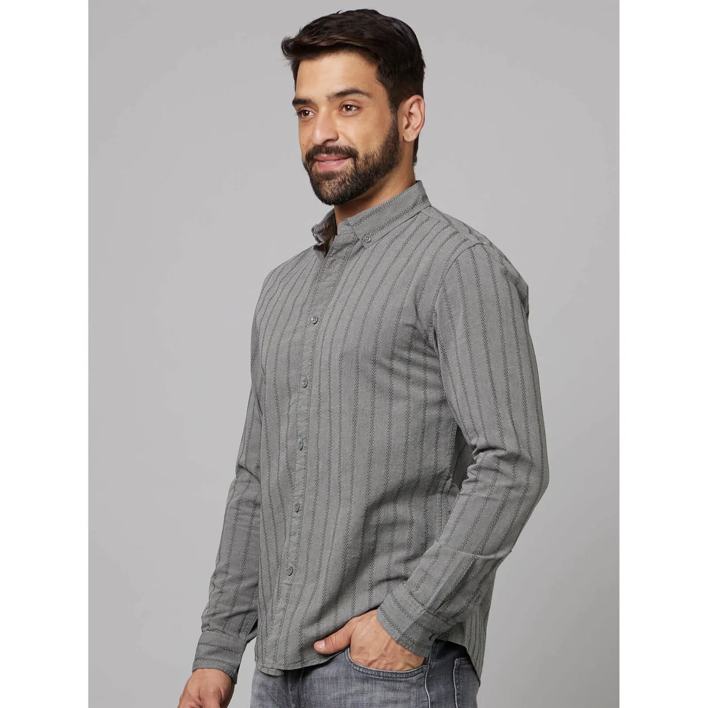 Grey Striped Cotton-Linen-Blend Shirt