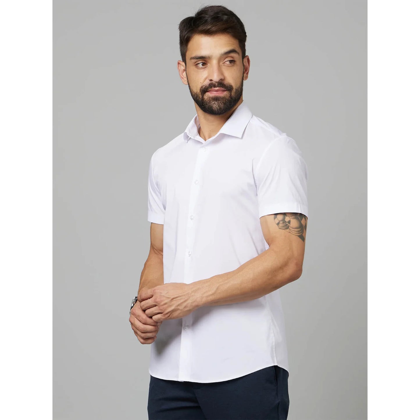 White Solid Cotton-Poly-Blend Shirt