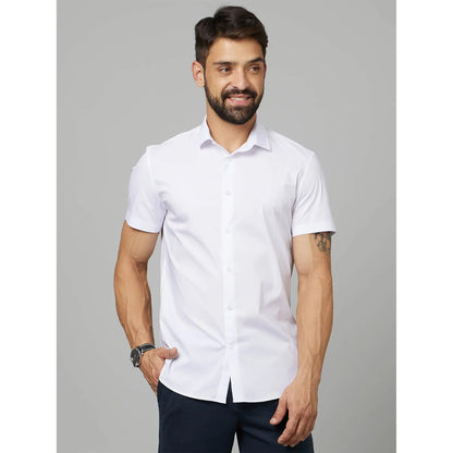 White Solid Cotton-Poly-Blend Shirt