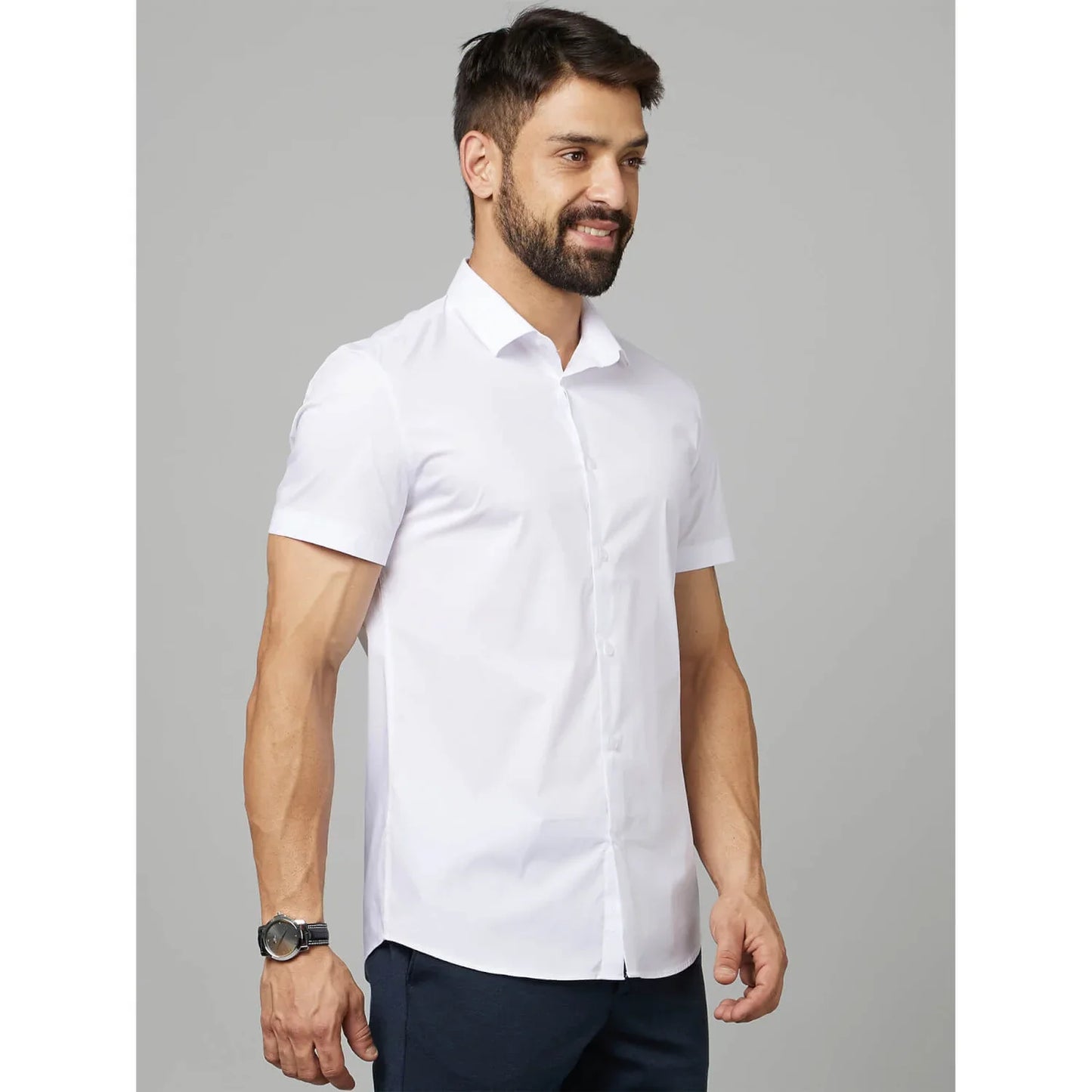 White Solid Cotton-Poly-Blend Shirt