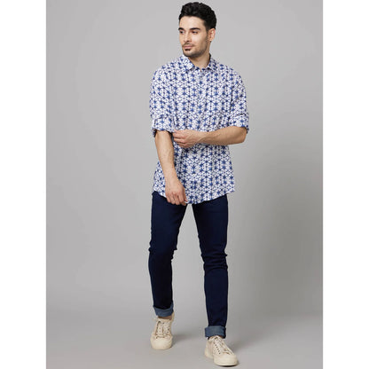 Blue Geometric Printed Cotton-Linen-Blend Shirt