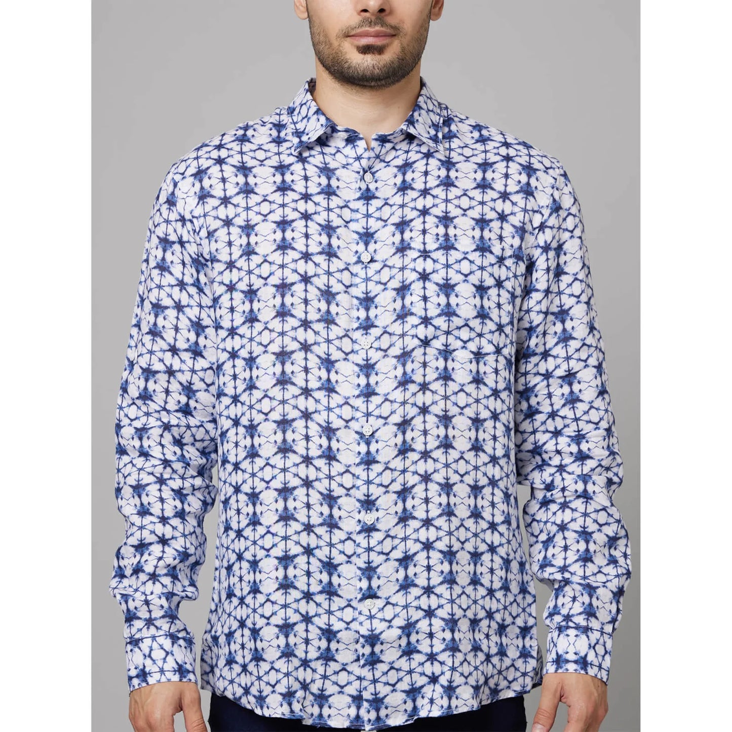 Blue Geometric Printed Cotton-Linen-Blend Shirt