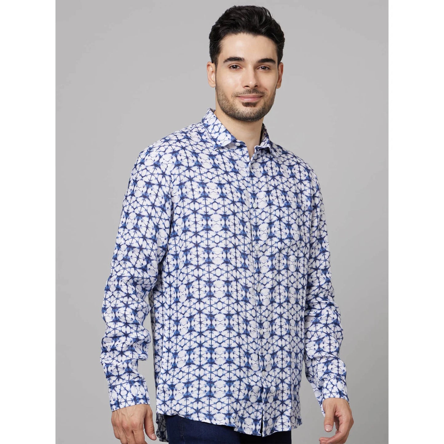 Blue Geometric Printed Cotton-Linen-Blend Shirt