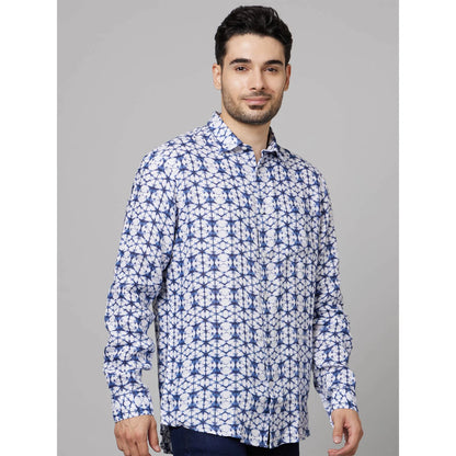 Blue Geometric Printed Cotton-Linen-Blend Shirt