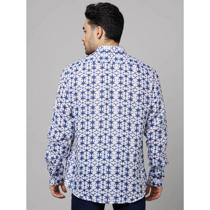 Blue Geometric Printed Cotton-Linen-Blend Shirt