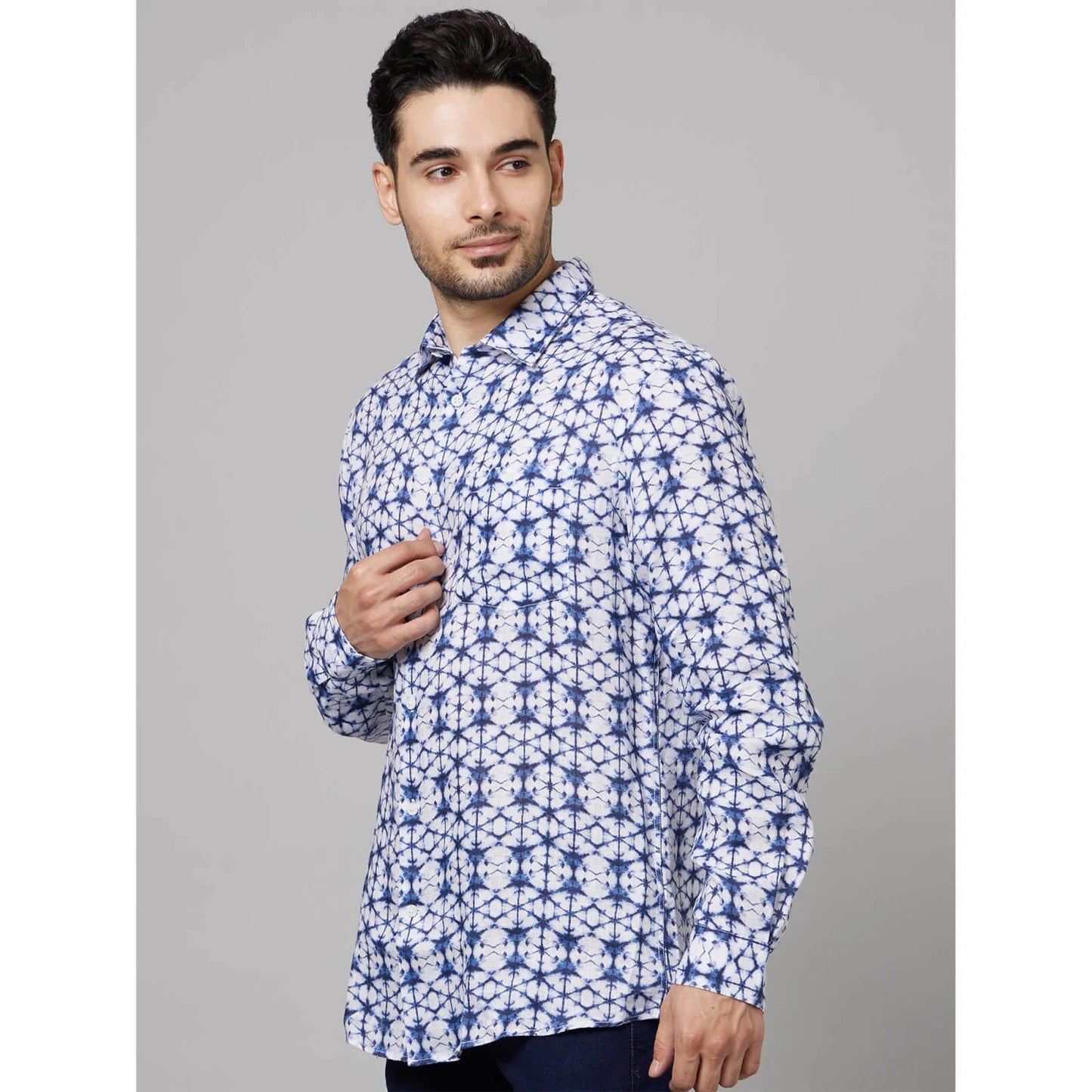 Blue Geometric Printed Cotton-Linen-Blend Shirt