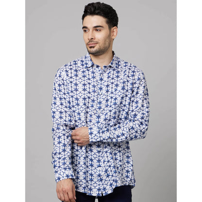 Blue Geometric Printed Cotton-Linen-Blend Shirt