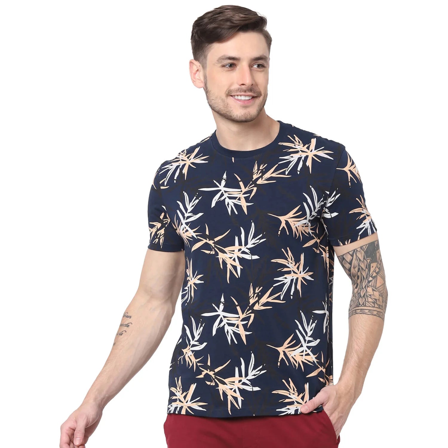 Navy Blue Printed Cotton T-shirt