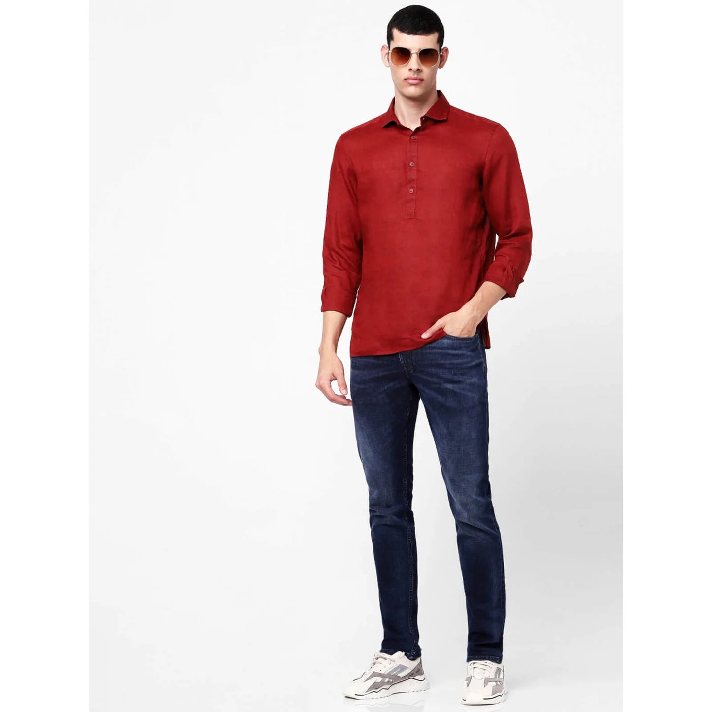 Celio* Solid Regular Fit Linen Red Shirt