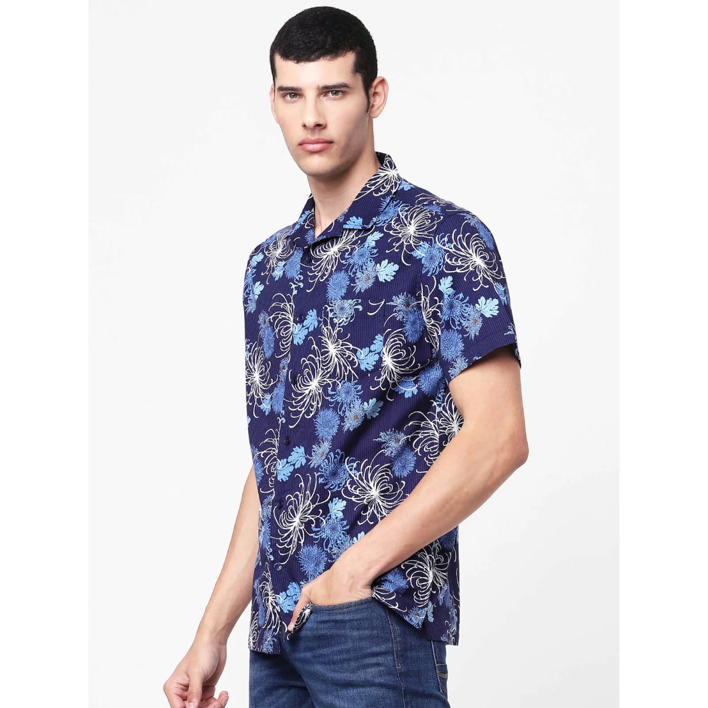 Navy Blue Floral Cotton Shirt