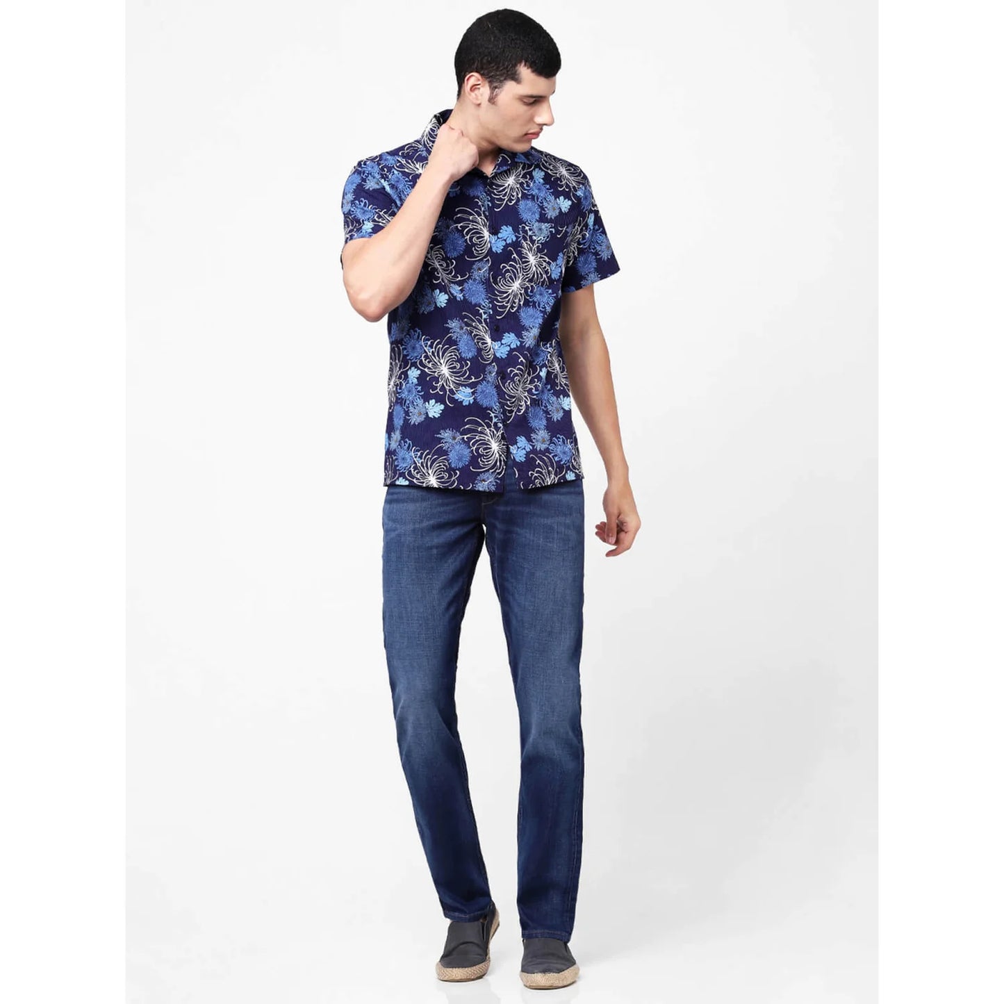 Navy Blue Floral Cotton Shirt