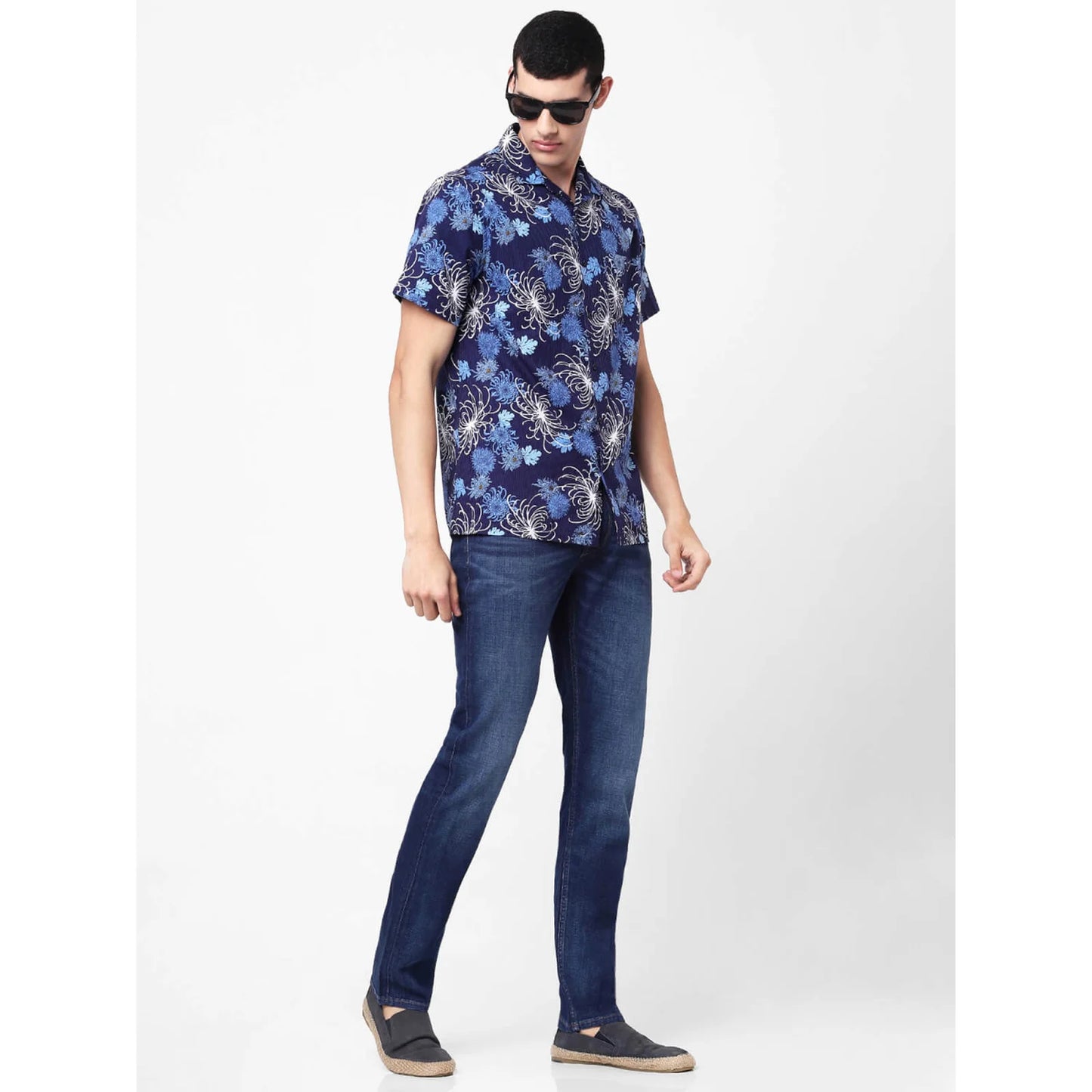 Navy Blue Floral Cotton Shirt