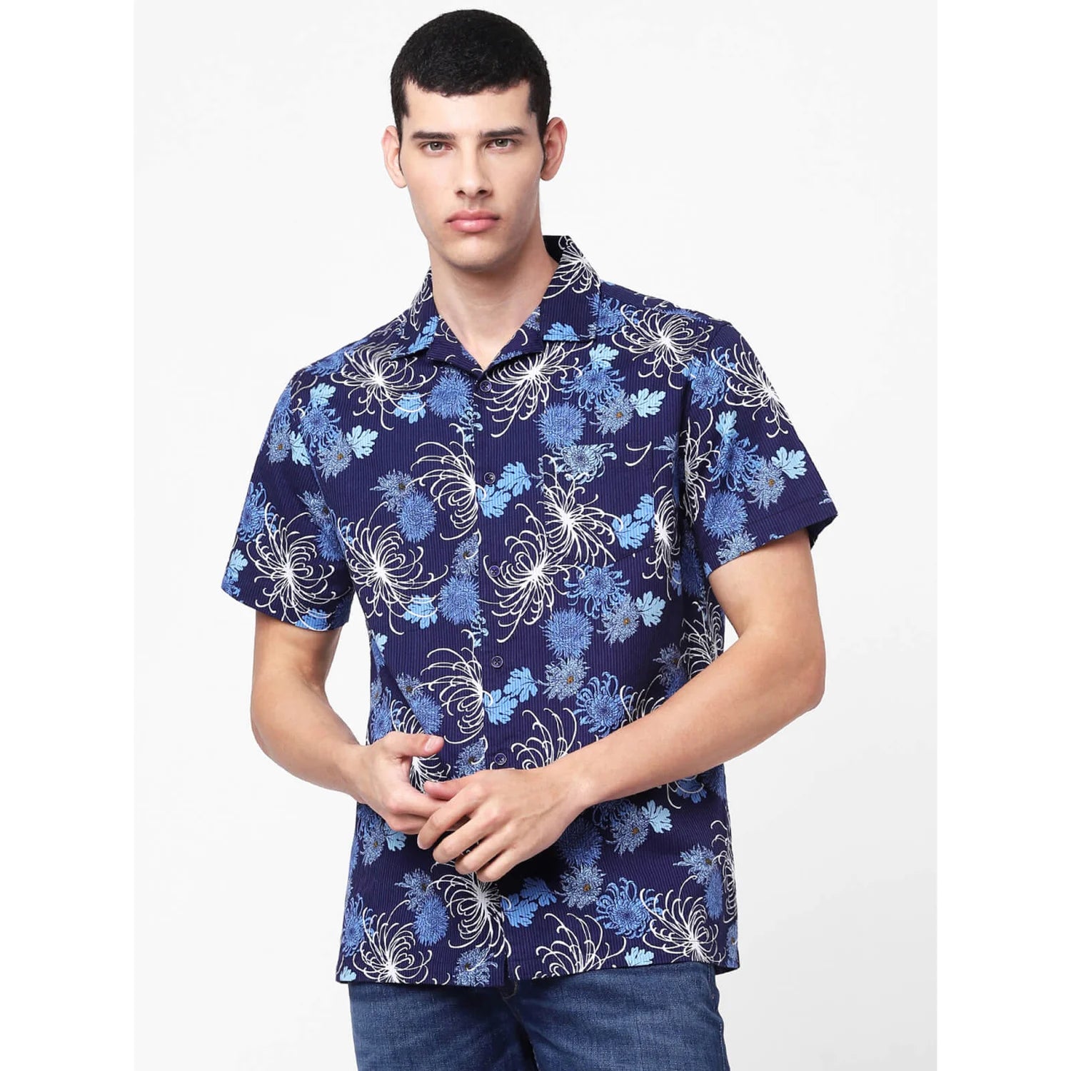 Navy Blue Floral Cotton Shirt