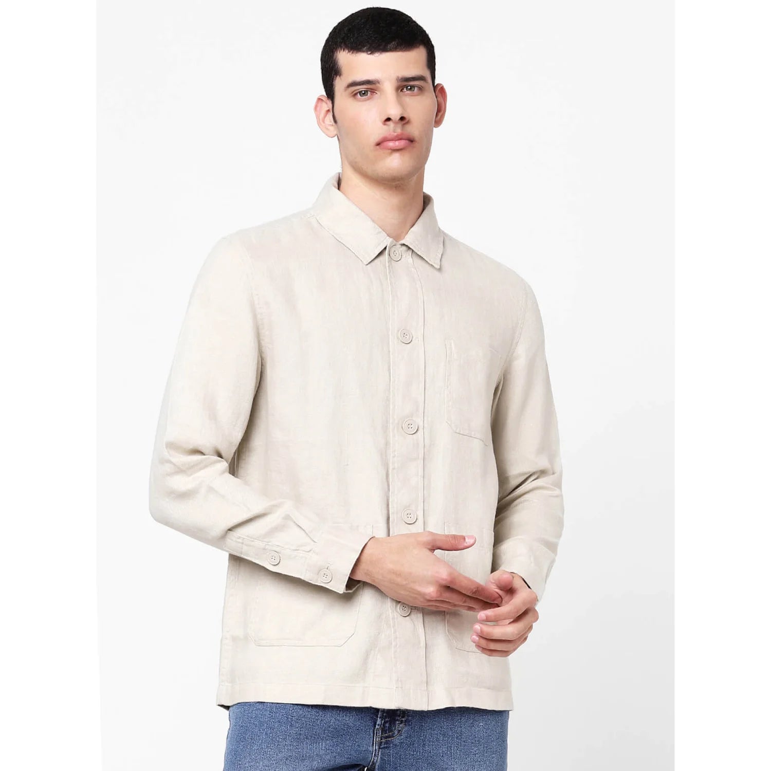 Beige Solid Linen Shirt